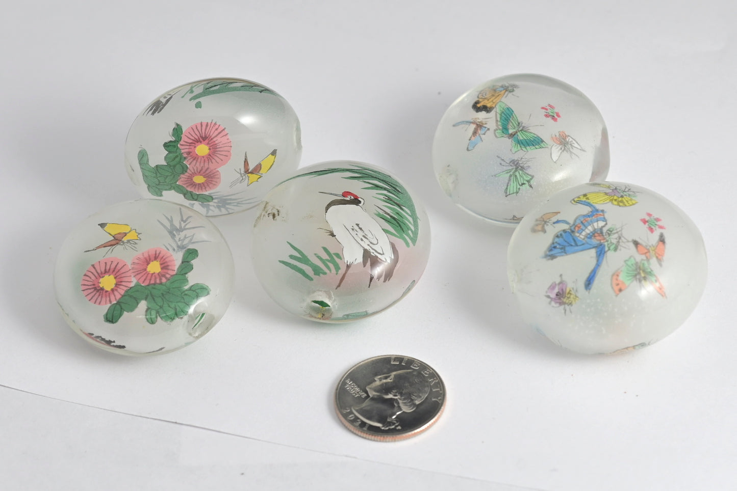 Reverse Painted Glass Pancake Beads Crane & Floral or Butterflies