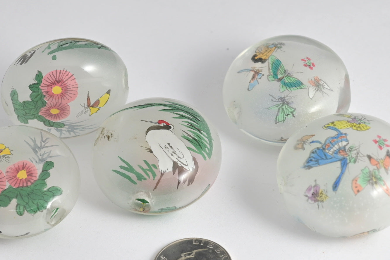 Reverse Painted Glass Pancake Beads Crane & Floral or Butterflies