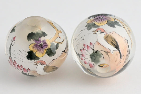 Bird Reverse Painted Glass Round Beads  - 2 Colors