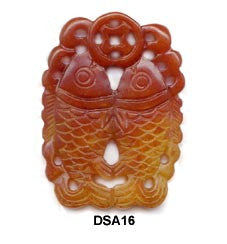 Brown Jade Double Fish w/ Coin Pendant Bead DSA16