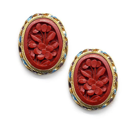 Flower Cinnabar Enamel Rim Clip On Earrings