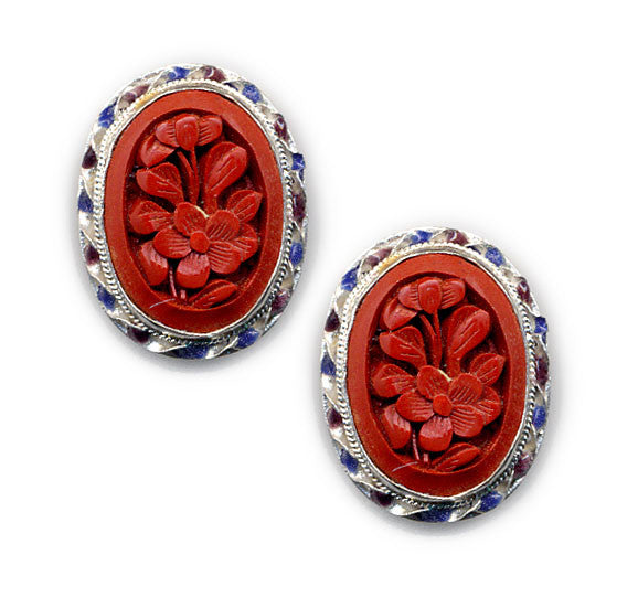 Flower Cinnabar Enamel Rim Clip On Earrings