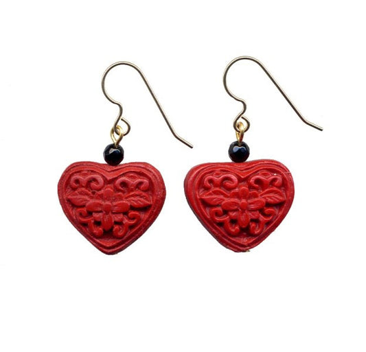 Cinnabar Floral Heart Onyx Hook Earrings