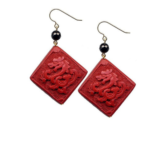 Cinnabar Diamond Dragon Onyx Hook Earrings