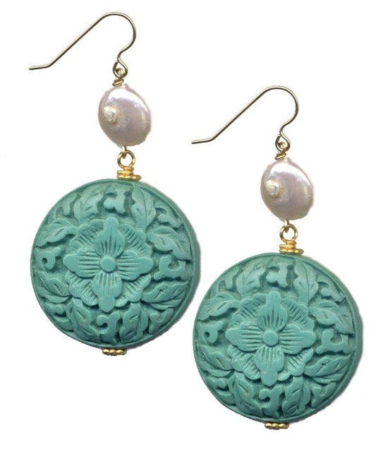 Cinnabar Floral Disc Hook Earrings