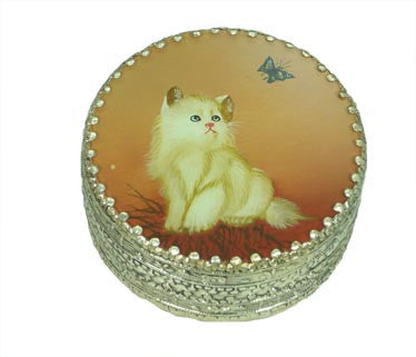 3" Silver Plated Round Box with Reverse Painted Glass Top - Cat and Butterfly