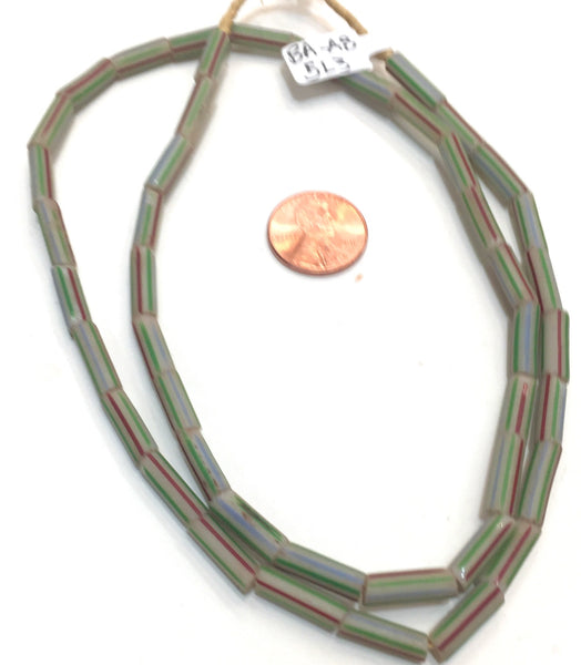 Vintage White with Green, Sky Blue and Brick Red Stripes Small Tubular Ghana Glass Beads