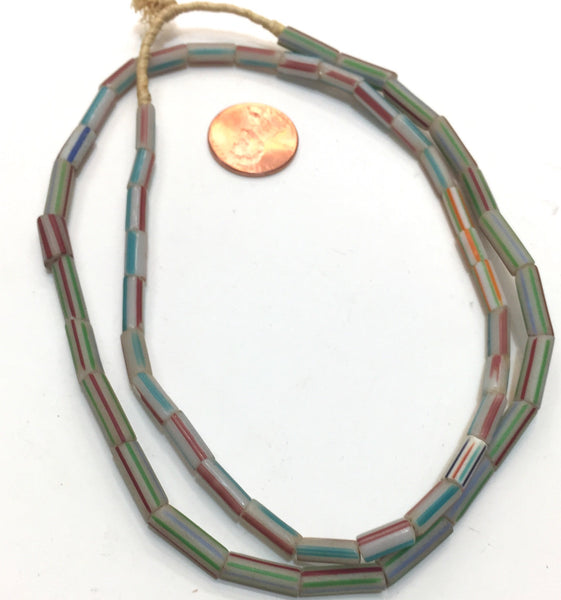 Vintage White with Green, Sky Blue and Brick Red Stripes Small Tubular Ghana Glass Beads