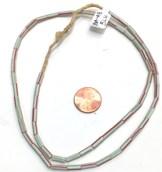Vintage White with Green, Sky Blue and Brick Red Stripes Small Tubular Ghana Glass Beads