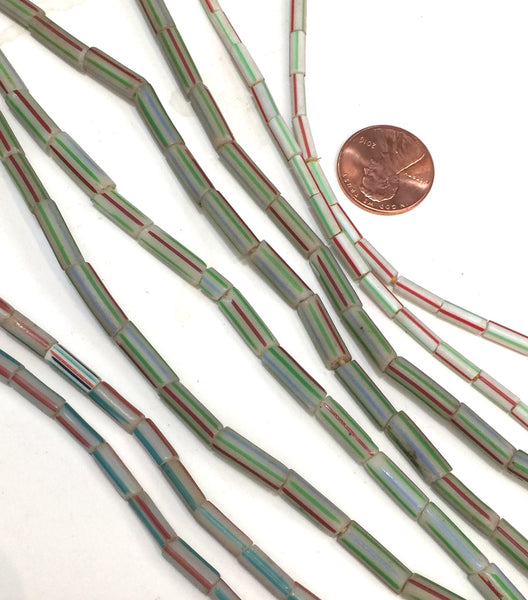 Vintage White with Green, Sky Blue and Brick Red Stripes Small Tubular Ghana Glass Beads