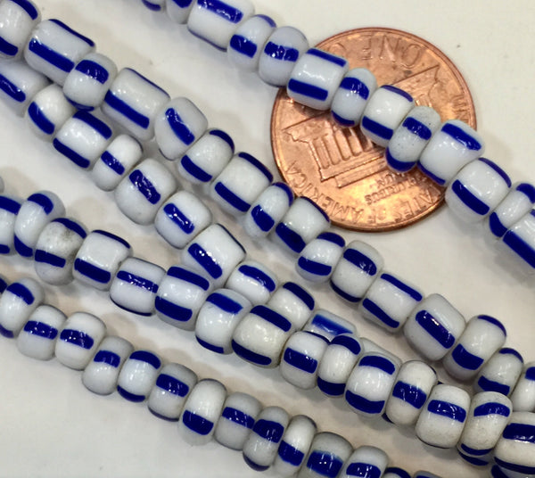 Vintage White with Blue Stripes Small Ghana Glass Beads 5mm, 4mm