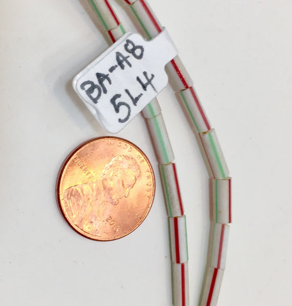 Vintage White with Green, Sky Blue and Brick Red Stripes Small Tubular Ghana Glass Beads