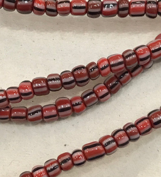 Vintage Plum Red, White and Black Striped Small Ghana Glass Beads BA-A43KR