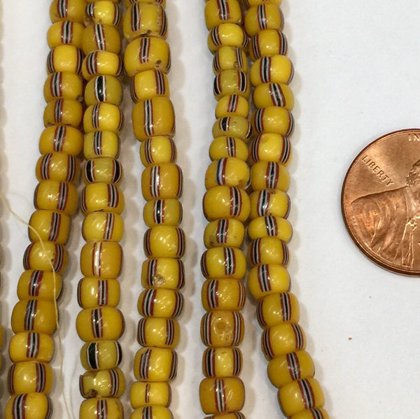 Vintage Yellow with Red White & Blue Striped Small Ghana Glass Beads BA-A103D
