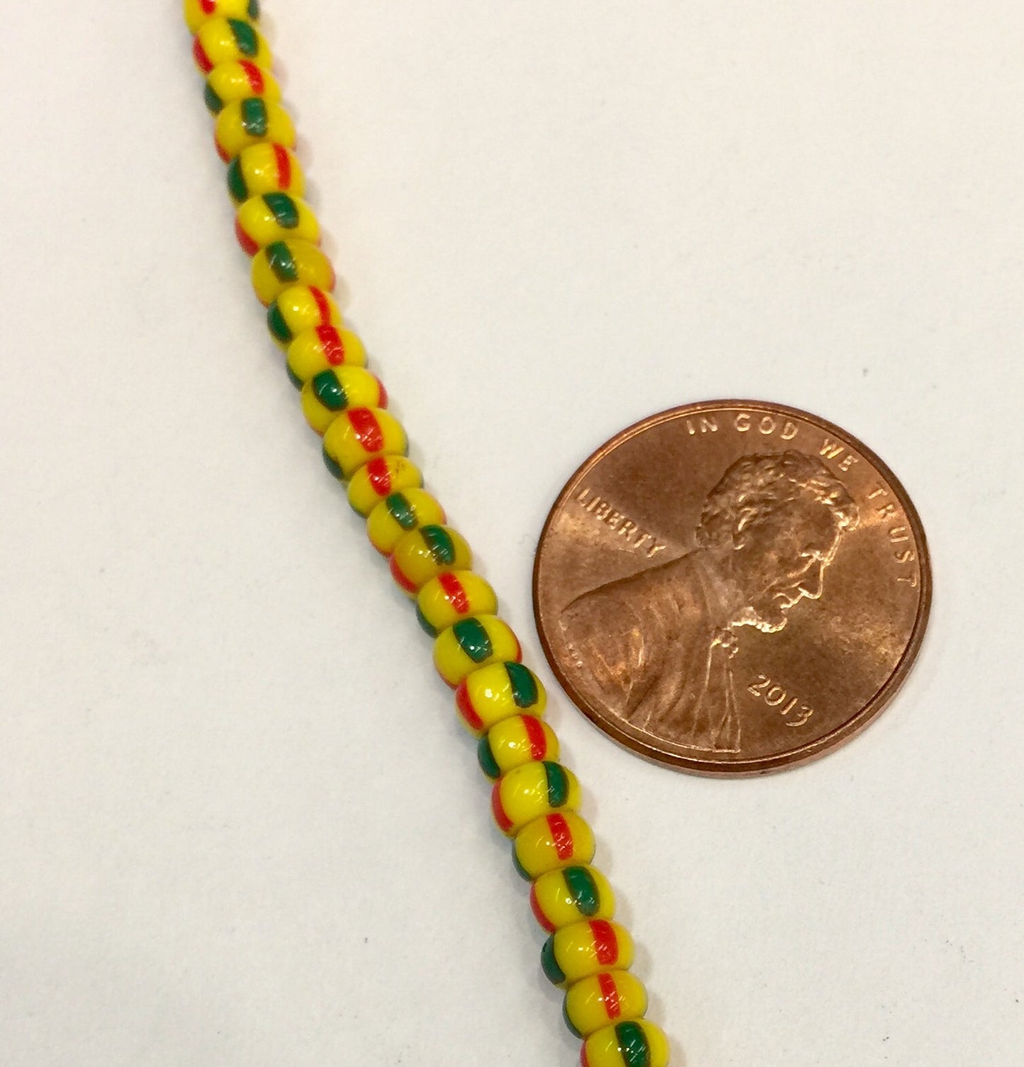 Vintage Yellow with Red & Green Stripes Small Ghana Glass Beads BA-A67