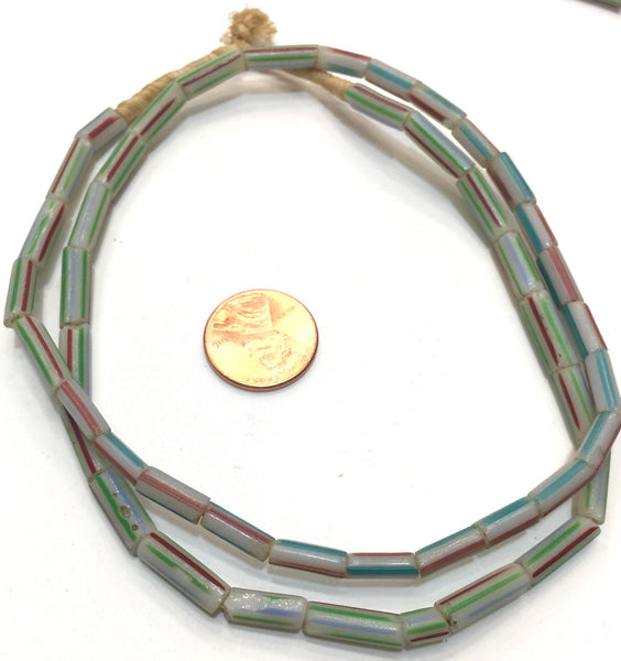 Vintage White with Green, Sky Blue and Brick Red Stripes Small Tubular Ghana Glass Beads