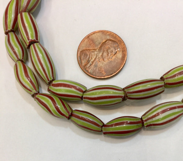 Vintage African Watermelon Beads Brick red, Chartreuse and White stripe BA-WM8C