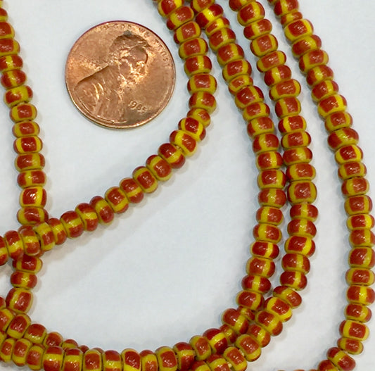 Vintage Brown and Yellow Striped Small Ghana Glass Beads BA-A6RY